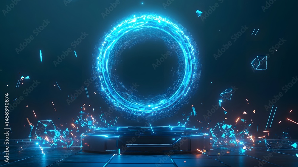 Poster abstract digital portal display on a dark platform.