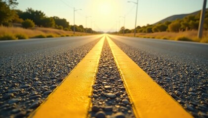 Sun-baked asphalt, sharp yellow stripe, receding horizon, transportation, street, daytime