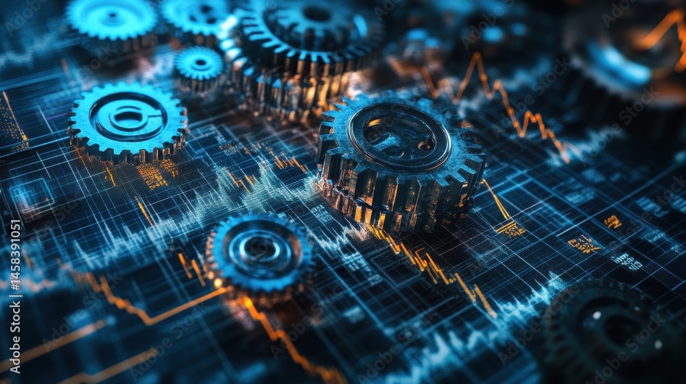 Poster gears of progress: interlocking gears on a data-driven digital screen, a conceptual representation o