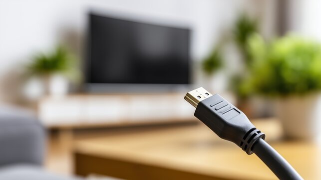 HDMI cable closeup with modern living room TV setup in blurred background