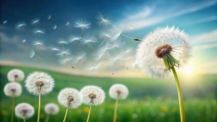 Dandelion seeds suspended in mid-air as they float away from a stem on a breezy day