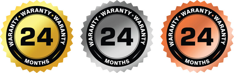 round warranty badges with 24 months text in gold, silver, and bronze for product guarantees	