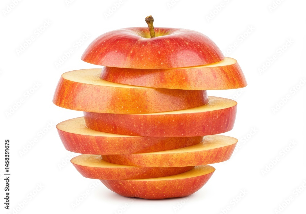 Poster sliced red apple stacked on a white background showing the fruit's texture and vibrant color
