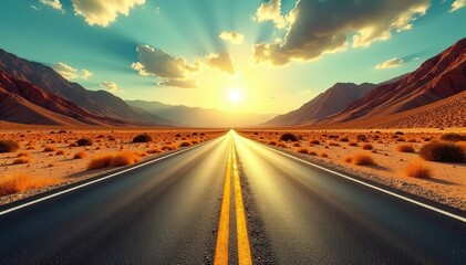 Sun-scorched road stretches, yellow lines guide, heat waves distort, endless journey feel, straight, yellow lines, distance