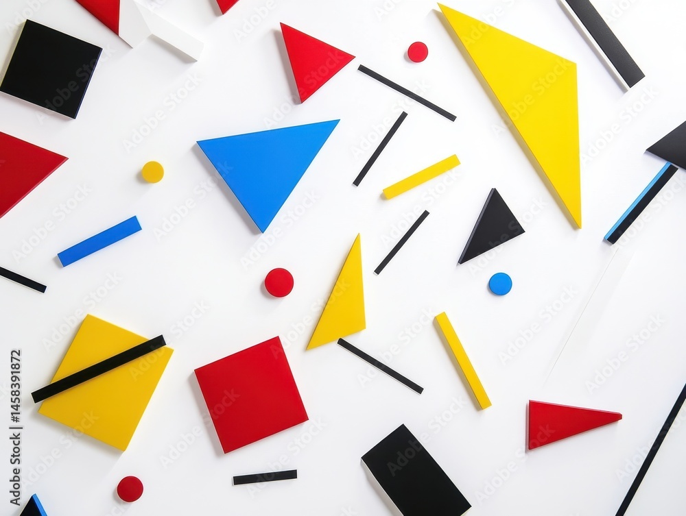 Poster geometric abstraction: an array of vibrant geometric shapes in primary colors dance across a neutral