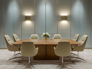 A symmetrical refined boardroom setup featuring a polished wooden conference table, designer chairs, bright professional lighting that enhances the clean,