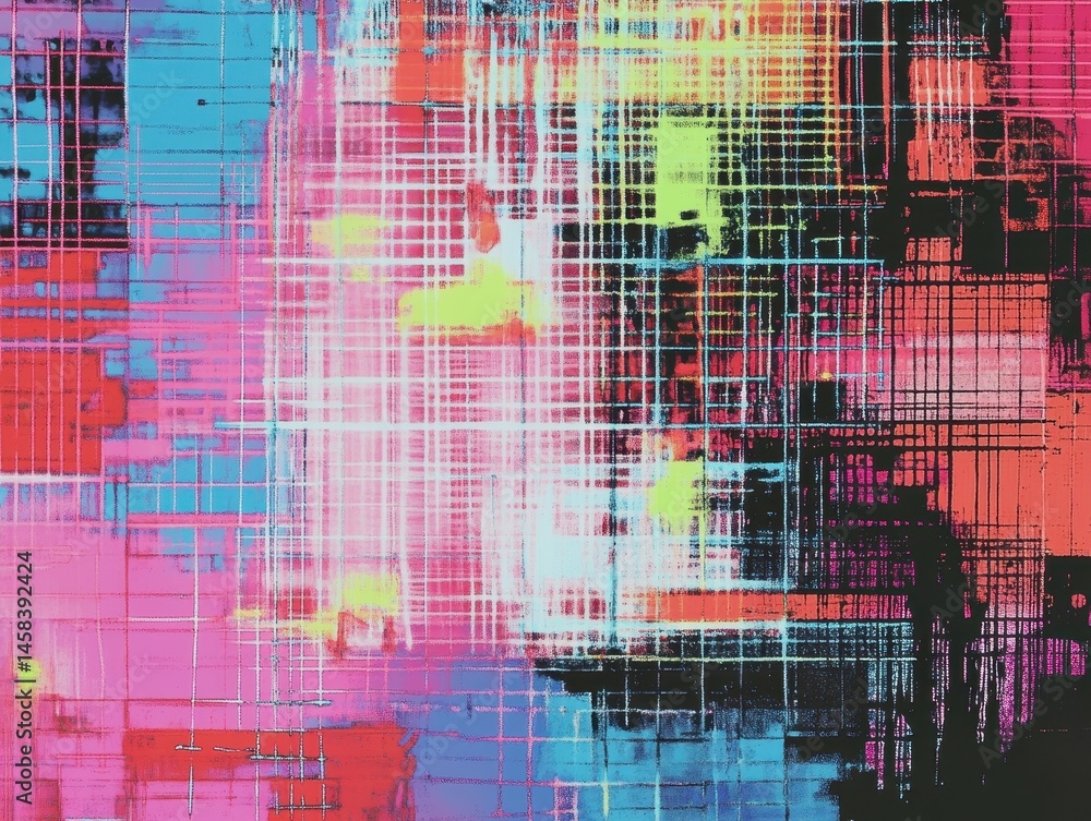 Poster digital abstract artistry: a vibrant mosaic of intersecting lines and layered colors, illustrating a