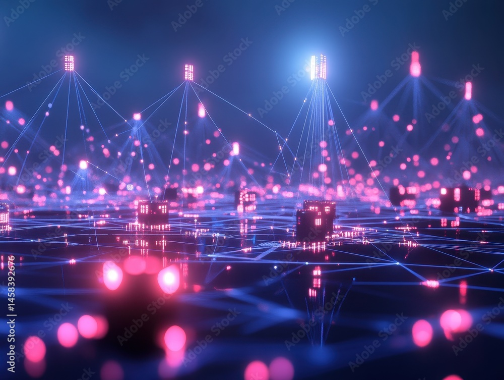 Poster digital universe: cybernetic nodes pulsate with networked data in a dynamic visualization, conveying