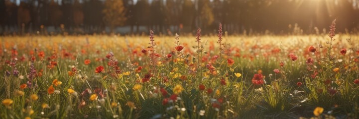 Sunlit field, vibrant late season blooms, blurred background, yellow, nature, vibrant