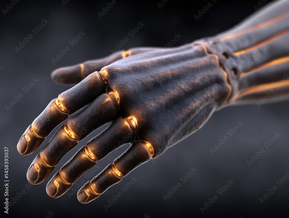 Poster advanced robotic prosthetic hand displaying intricate mechanics and luminous circuitry symbolizing t