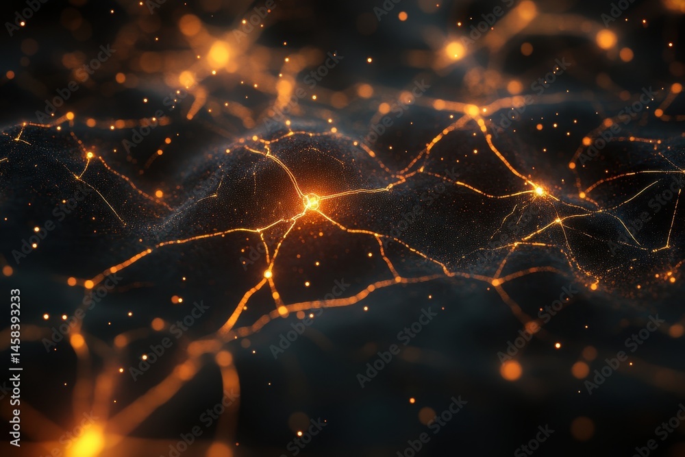 Poster connecting the dots: abstract network of glowing orange dots and lines on a black background, with b
