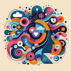 Fototapeta premium Abstract graphic of mental well-being necessities: Using calming colors, flowing shapes, and perhaps icons representing mindfulness or social connection in a contemporary style. 