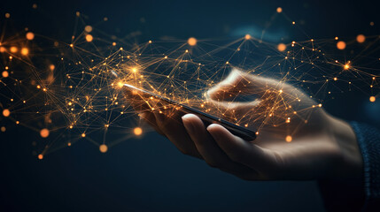 hand using smartphone with digital technology data communication network and telecommunication concept