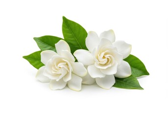 Obraz premium Two delicate gardenia flowers in full bloom with green leaves isolated on a clean white background