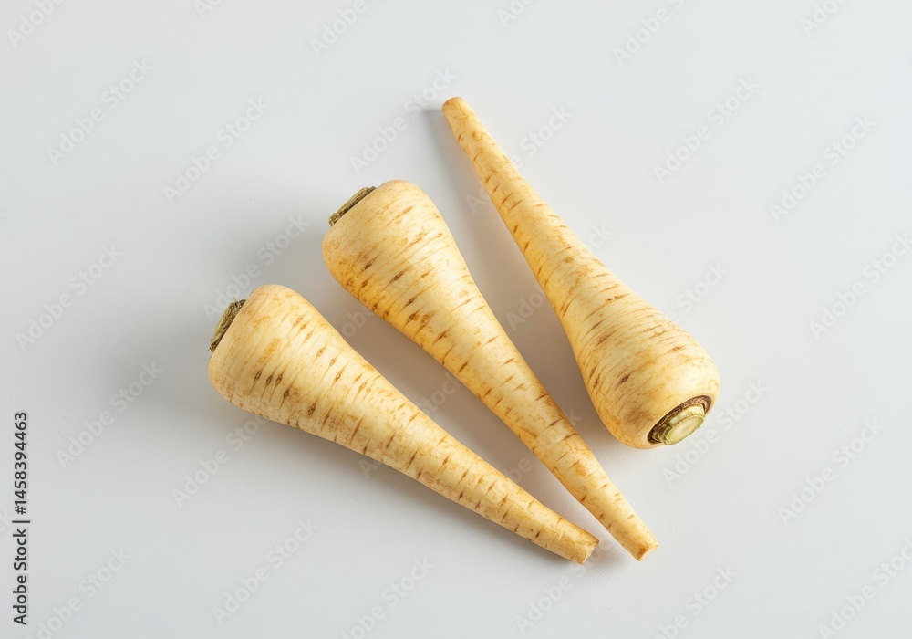 Poster three fresh parsnips arranged on a white surface, showcasing their natural color and texture in a si