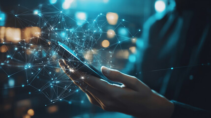 hand using smartphone with digital technology data communication network and telecommunication concept