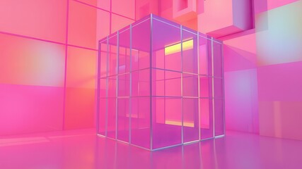 Obraz premium A transparent glass cube sits in a vibrant pink and pastel colored modern abstract room.