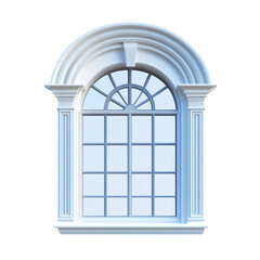 Elegant arched window with paneled glass and ornate white frame