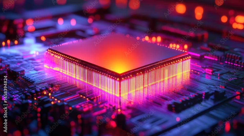 Aufkleber technology's core: a close-up of a high-tech microchip, bathed in dynamic, glowing colors, showcasin