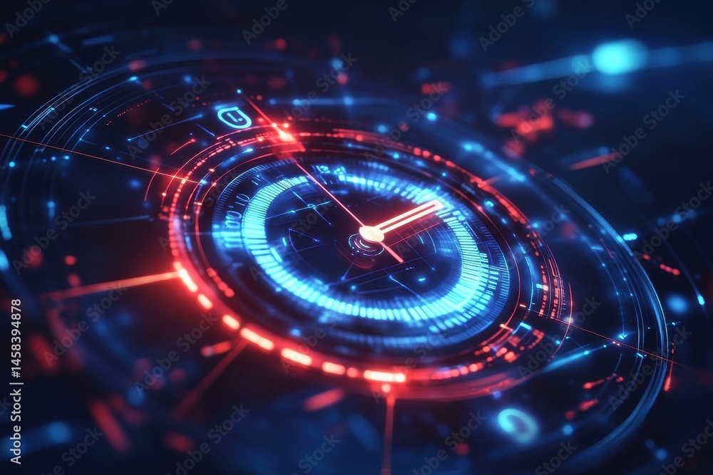 Poster digital timekeeping: an abstract digital clock, rendered in stunning neon blue and red, symbolizes t