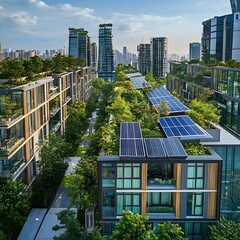 Fototapeta premium Eco-friendly smart city with green roofs and solar panels. Sustainable urban architecture and renewable energy concept in a modern metropolis.