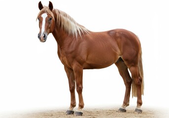 Obraz premium Chestnut horse standing in a neutral pose with a white blaze and blonde mane on a white background
