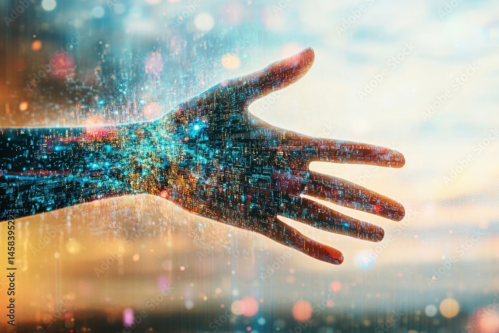 Poster digital integration: a visual depiction of the human hand merging with a vibrant digital network, re