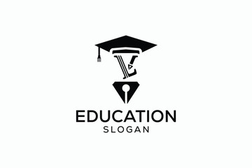 Education Logo Design with Graduation Cap, Book, and Pen Nib – Modern Academic and Learning Symbol in Black and White Vector