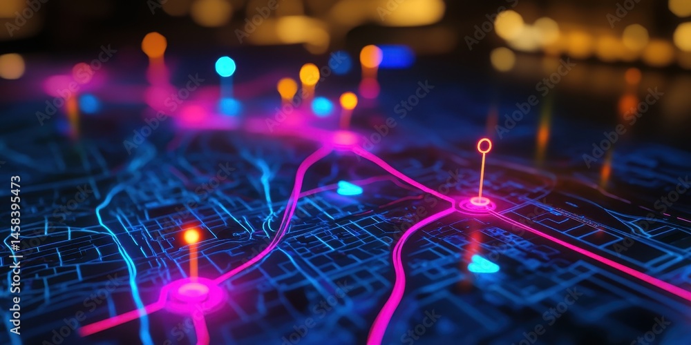 Poster cyber city navigation: a futuristic cityscape map is illuminated with vibrant neon pathways, glowing
