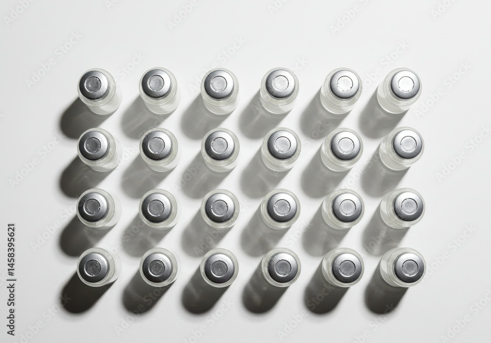 Poster rows of vaccine vials with silver caps on a white surface, casting shadows in a grid pattern