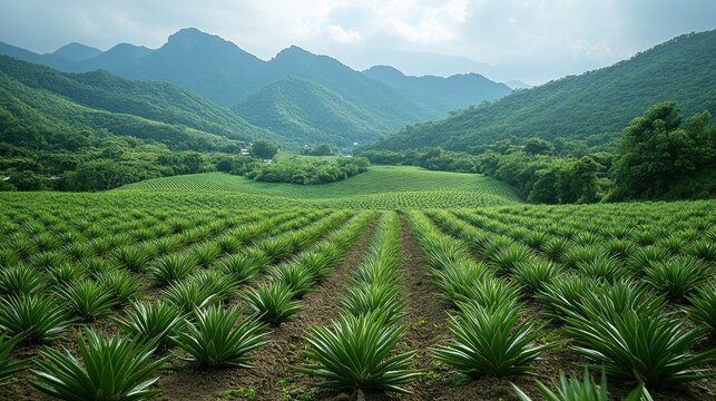 Lush green pineapple field stretches across valley, mountains in background