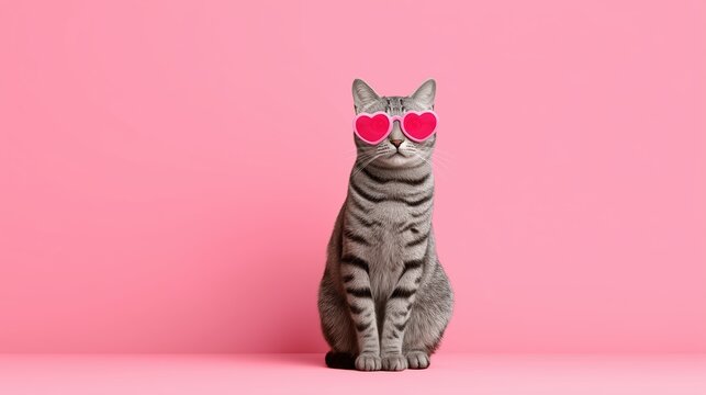 Cat wearing heart sunglasses. humorous pet concept with love and playful fashion elements