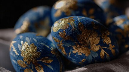 Fototapeta premium Hired hand painted easter eggs with shimmering amber foil accents.
