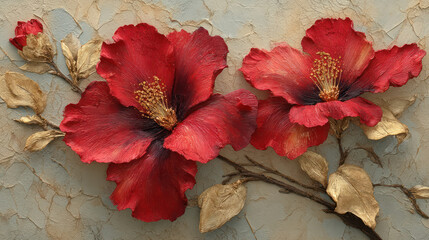 Beautiful spring 3d red flower with golden leavs on decorative background as wallpaper illustration, Elegant Red Gold Flower	