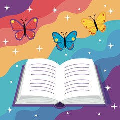 An open book with bright butterflies flying out of it against the backdrop of a magical sky with stars. The world of fantasy and knowledge.