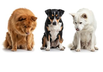 Three dogs of different breeds sitting sadly against a white background in a studio setting