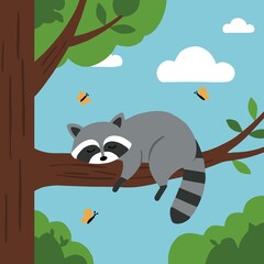 Sleeping raccoon on a tree branch among leaves, butterflies and clouds. Cute forest dweller is resting.