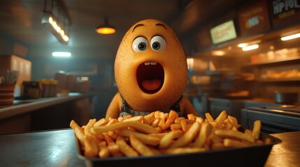 Cartoon food employee in overalls looking shocked at pile of french fries in a restaurant kitchen, exaggerated expression on a transparent background, PNG image, PNG file.