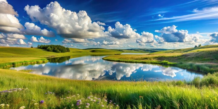 A serene blue sky with puffy white clouds is reflected in a vast open field with tall green grass and wildflowers, surrounded by rolling hills and trees , tranquility, hills