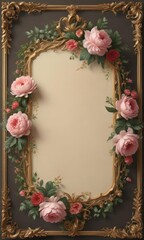 Stylized floral baroque frame; calligraphic roses, peonies, leafy scrolls, vintage design,  graphic,  antique