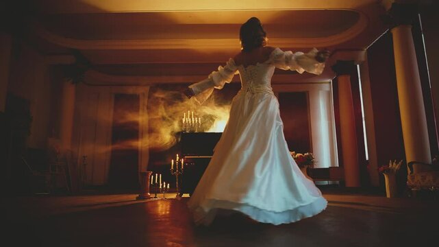 Gothic mystery sexy woman queen is spinning in dance. dark night ball room full smoke, Fairy happy girl dancing enjoy music. Fantasy princess Victorian style vintage white long dress back rear view 