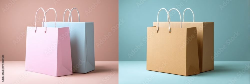 Poster shopping bags and cardboard boxes in pastel colors display modern retail presentation suitable for v