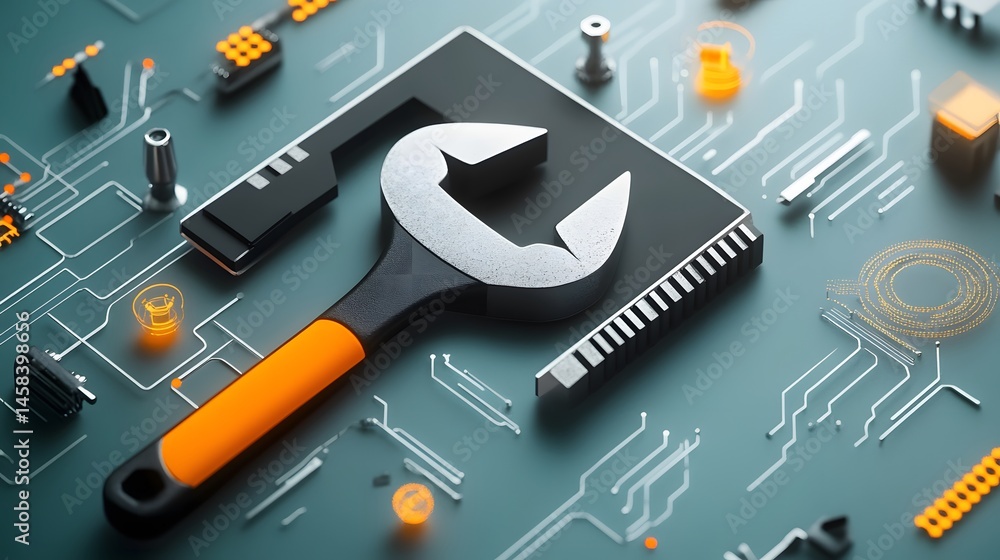 Poster technical support concept with wrench on circuit board.