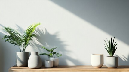 Minimalist room with potted plants and white wall decor in soft daylight modern composition