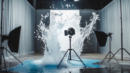 Water splash on photography studio backdrop with white curtain and lights in high speed capture