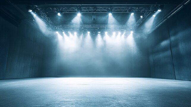 Empty theater stage with blue spotlight in modern performance hall artistic ambient mood setting