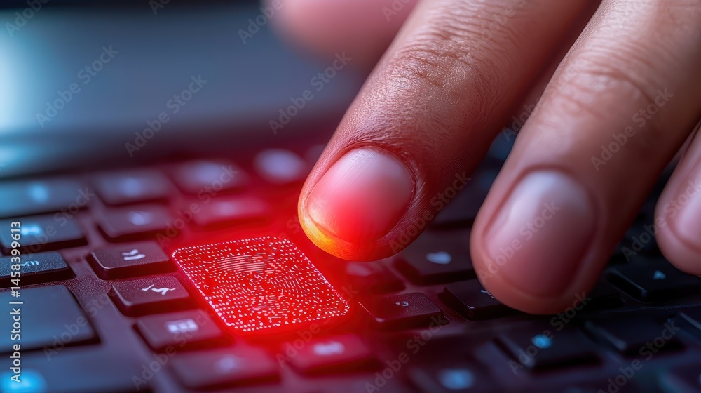 Poster closeup of finger activating a miniature red button, microinteraction in detail