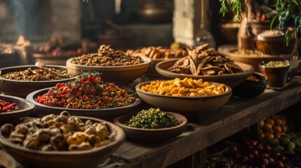 Obraz premium Traditional market stall with variety of spices and grains in warm vintage culinary food display