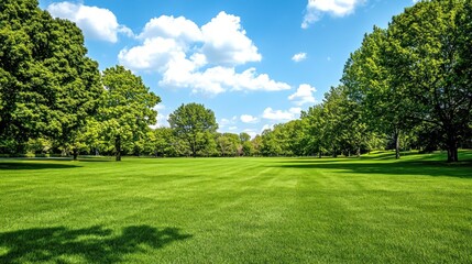 Fototapeta premium Green lawn and lush trees under a partly cloudy sky