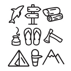Hand Drawn Travel and Adventure Icon Set in Black and White Line Style